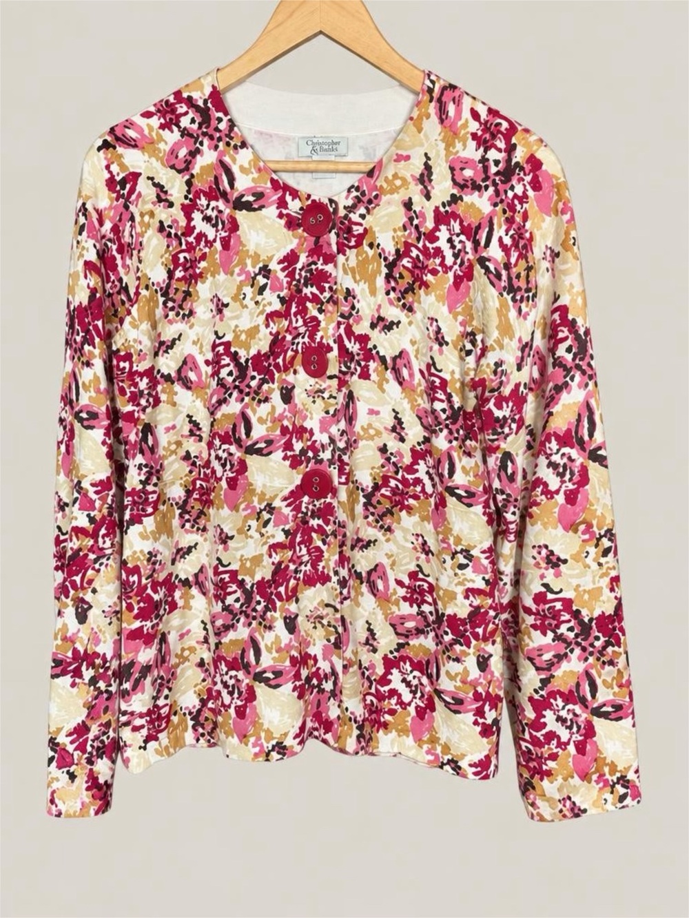 Christopher & Banks Pink Floral Button-Front Women's Cardigan Sweater - L